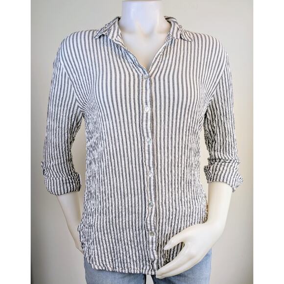 Jane & Delancey Button Down Top Large Gray White Stripe Roll Tab Sleeve Crinkle - Picture 6 of 11